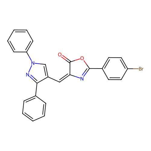 (4E)-2-(4-bromophenyl)-4-[(1,3-diphenylpyrazol-4-yl)methylidene]-1,3-oxazol-5-one structure