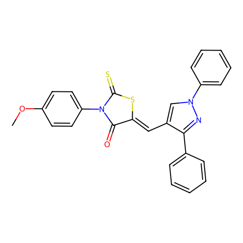 (5Z)-5-[(1,3-diphenyl-1H-pyrazol-4-yl)methylidene]-3-(4-methoxyphenyl)-2-thioxo-1,3-thiazolidin-4-one structure