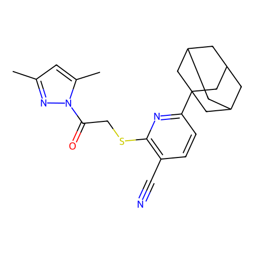 6-(1-adamantyl)-2-[2-(3,5-dimethylpyrazol-1-yl)-2-oxoethyl]sulfanylpyridine-3-carbonitrile structure