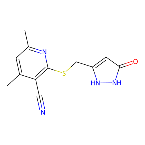 2-[(5-Hydroxypyrazol-3-yl)methylthio]-4,6-dimethylpyridine-3-carbonitrile structure