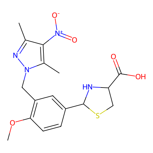 2-(3-((3,5-dimethyl-4-nitro-1H-pyrazol-1-yl)methyl)-4-methoxyphenyl)thiazolidine-4-carboxylic acid structure