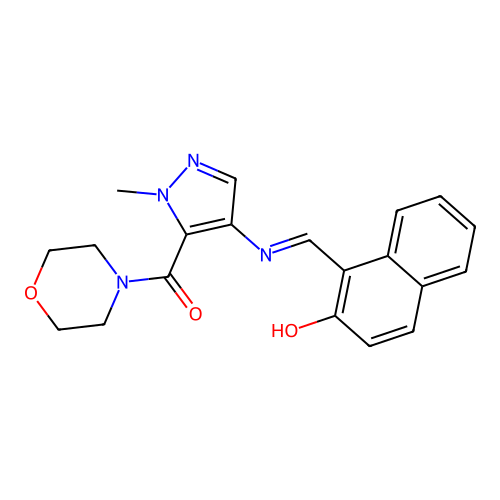 1-({[1-methyl-5-(4-morpholinylcarbonyl)-1H-pyrazol-4-yl]imino}methyl)-2-naphthol structure
