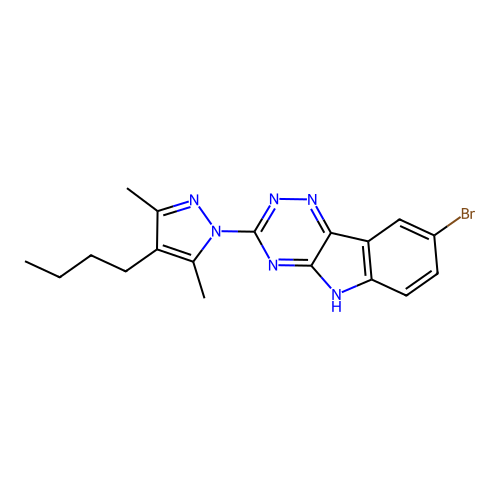 8-bromo-3-(4-butyl-3,5-dimethyl-1H-pyrazol-1-yl)-5H-[1,2,4]triazino[5,6-b]indole structure