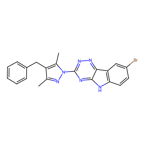 3-(4-benzyl-3,5-dimethyl-1H-pyrazol-1-yl)-8-bromo-5H-[1,2,4]triazino[5,6-b]indole structure