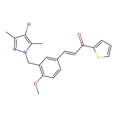 (E)-3-(3-((4-bromo-3,5-dimethyl-1H-pyrazol-1-yl)methyl)-4-methoxyphenyl)-1-(thiophen-2-yl)prop-2-en-1-one structure