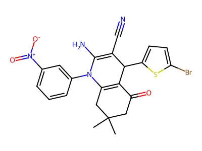 2-amino-4-(5-bromothiophen-2-yl)-7,7-dimethyl-1-(3-nitrophenyl)-5-oxo-1,4,5,6,7,8-hexahydroquinoline-3-carbonitrile structure