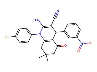 2-amino-1-(4-bromophenyl)-7,7-dimethyl-4-(3-nitrophenyl)-5-oxo-1,4,5,6,7,8-hexahydroquinoline-3-carbonitrile structure