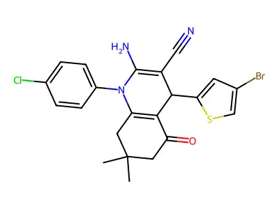 2-amino-4-(4-bromothiophen-2-yl)-1-(4-chlorophenyl)-7,7-dimethyl-5-oxo-1,4,5,6,7,8-hexahydroquinoline-3-carbonitrile structure