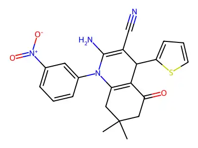 2-amino-7,7-dimethyl-1-(3-nitrophenyl)-5-oxo-4-(thiophen-2-yl)-1,4,5,6,7,8-hexahydroquinoline-3-carbonitrile structure