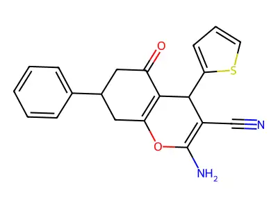 2-amino-5-oxo-7-phenyl-4-(thiophen-2-yl)-5,6,7,8-tetrahydro-4H-chromene-3-carbonitrile structure