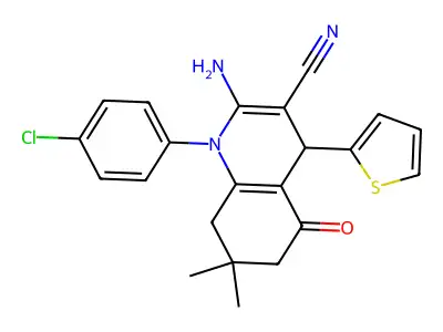 2-amino-1-(4-chlorophenyl)-7,7-dimethyl-5-oxo-4-(thiophen-2-yl)-1,4,5,6,7,8-hexahydroquinoline-3-carbonitrile structure