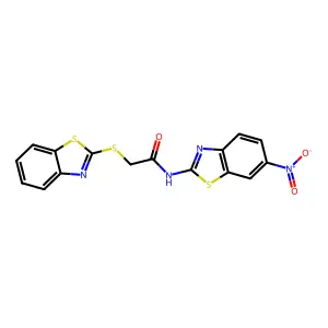 2-(1,3-benzothiazol-2-ylsulfanyl)-N-(6-nitro-1,3-benzothiazol-2-yl)acetamide structure