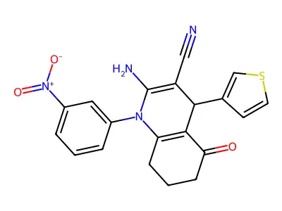 2-amino-1-(3-nitrophenyl)-5-oxo-4-(thiophen-3-yl)-1,4,5,6,7,8-hexahydroquinoline-3-carbonitrile structure