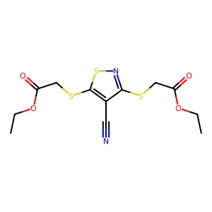 Ethyl ((4-cyano-3-((2-ethoxy-2-oxoethyl)thio)-5-isothiazolyl)thio)acetate structure