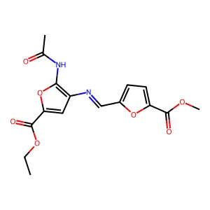 Ethyl 5-(acetylamino)-4-(((5-(methoxycarbonyl)-2-furanyl)met hylene)amino)-2-furancarboxylate structure
