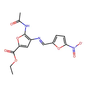 Ethyl 5-(acetylamino)-4-(((5-nitro-2-furanyl)methylene)amino)-2-furancarboxylate structure