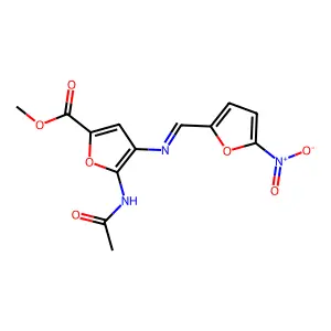 Methyl 5-(acetylamino)-4-(((5-nitro-2-furanyl)methylene)amino)-2-furancarboxylate structure