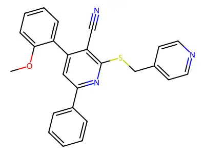 4-(2-methoxyphenyl)-6-phenyl-2-(pyridin-4-ylmethylsulfanyl)pyridine-3-carbonitrile structure