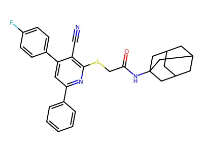 N-(1-adamantyl)-2-[3-cyano-4-(4-fluorophenyl)-6-phenylpyridin-2-yl]sulfanylacetamide structure