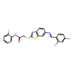 2-({6-[(2,4-dichlorobenzylidene)amino]-1,3-benzothiazol-2-yl}sulfanyl)-N-(2-fluorophenyl)acetamide structure
