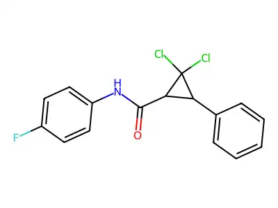 2,2-dichloro-N-(4-fluorophenyl)-3-phenylcyclopropanecarboxamide structure