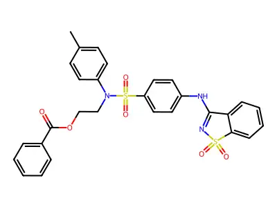 2-[({4-[(1,1-dioxido-1,2-benzothiazol-3-yl)amino]phenyl}sulfonyl)(4-methylphenyl)amino]ethyl benzoate structure