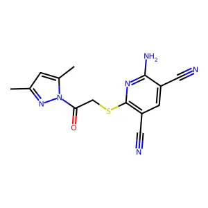 2-amino-6-[2-(3,5-dimethylpyrazol-1-yl)-2-oxoethyl]sulfanylpyridine-3,5-dicarbonitrile structure