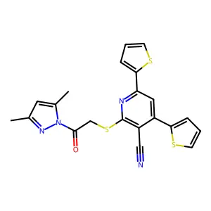 2-{[2-(3,5-dimethyl-1H-pyrazol-1-yl)-2-oxoethyl]sulfanyl}-4,6-di(2-thienyl)nicotinonitrile structure