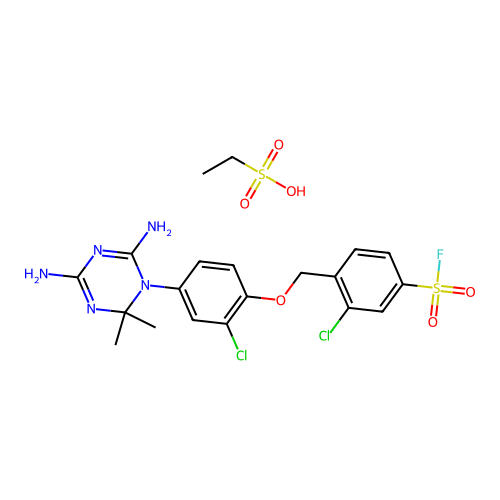 ethanesulfonic acid- 3-chloro-4-{[2-chloro-4-(4,6-diamino-2,2-dimethyl-1,3,5-triazin-1(2h)-yl)phenoxy]methyl}benzenesulfonyl fluoride(1:1) structure