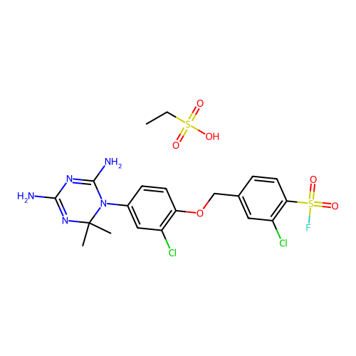ethanesulfonic acid- 2-chloro-4-{[2-chloro-4-(4,6-diamino-2,2-dimethyl-1,3,5-triazin-1(2h)-yl)phenoxy]methyl}benzenesulfonyl fluoride(1:1) structure