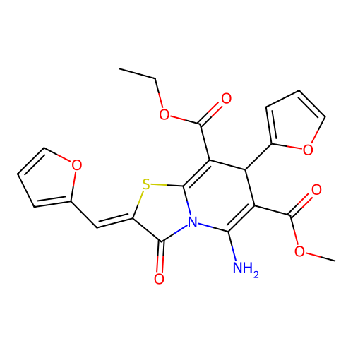 (Z)-8-ethyl 6-methyl 5-amino-7-(furan-2-yl)-2-(furan-2-ylmethylene)-3-oxo-3,7-dihydro-2H-thiazolo[3,2-a]pyridine-6,8-dicarboxylate structure