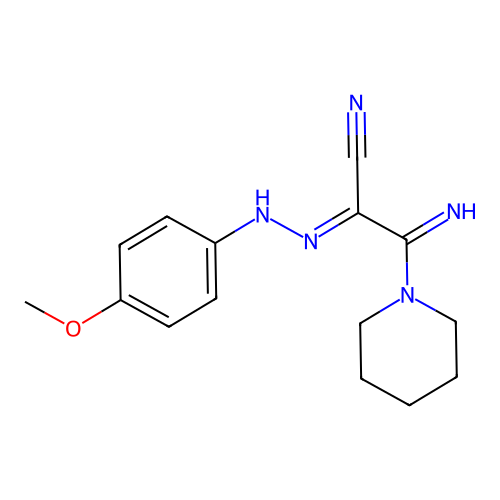 (1E)-2-imino-N-(4-methoxyanilino)-2-piperidin-1-ylethanimidoyl cyanide structure