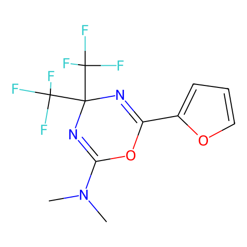 6-(furan-2-yl)-N,N-dimethyl-4,4-bis(trifluoromethyl)-4H-1,3,5-oxadiazin-2-amine structure