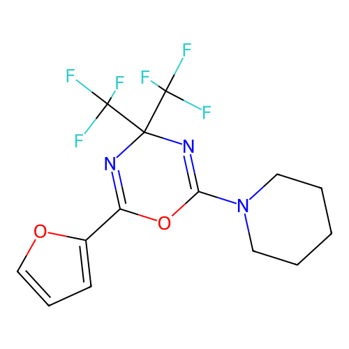 2-(furan-2-yl)-6-(piperidin-1-yl)-4,4-bis(trifluoromethyl)-4H-1,3,5-oxadiazine structure