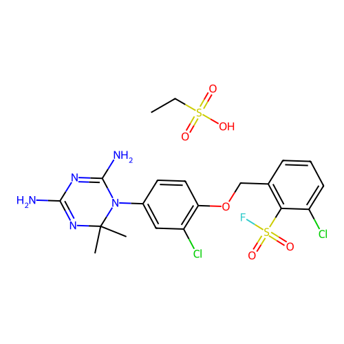 ethanesulfonic acid- 2-chloro-6-{[2-chloro-4-(4,6-diamino-2,2-dimethyl-1,3,5-triazin-1(2h)-yl)phenoxy]methyl}benzenesulfonyl fluoride(1:1) structure