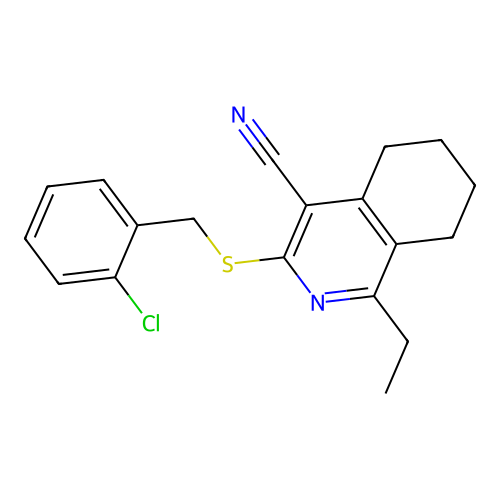 3-[(2-chlorobenzyl)sulfanyl]-1-ethyl-5,6,7,8-tetrahydroisoquinoline-4-carbonitrile structure