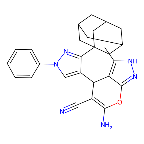4-(3-((1R,3s)-adamantan-1-yl)-1-phenyl-1H-pyrazol-4-yl)-6-amino-3-methyl-1,4-dihydropyrano[2,3-c]pyrazole-5-carbonitrile structure