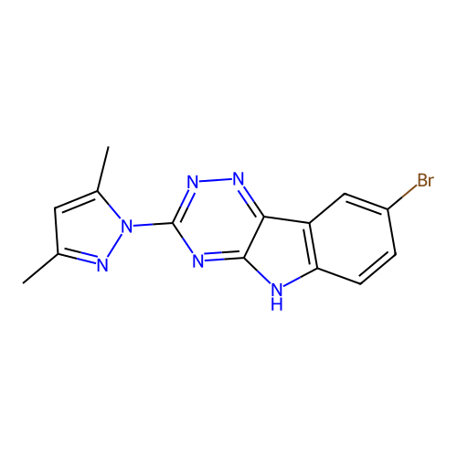 8-bromo-3-(3,5-dimethylpyrazol-1-yl)-5H-[1,2,4]triazino[5,6-b]indole structure