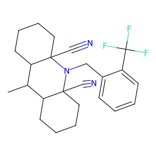 9-methyl-10-(2-(trifluoromethyl)benzyl)tetradecahydroacridine-4a,10a-dicarbonitrile structure