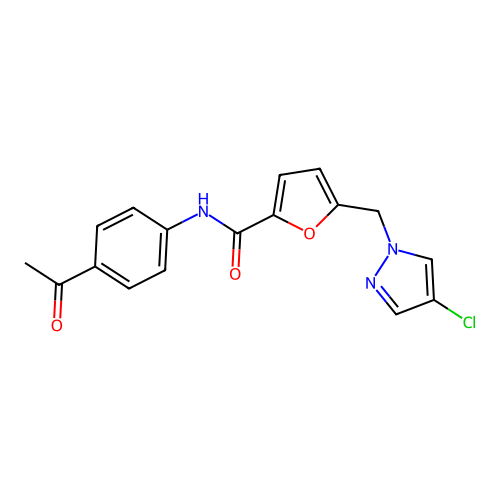 N-(4-acetylphenyl)-5-((4-chloro-1H-pyrazol-1-yl)methyl)furan-2-carboxamide structure