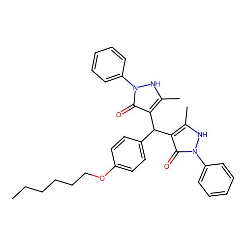 4,4'-{[4-(hexyloxy)phenyl]methanediyl}bis(3-methyl-1-phenyl-1H-pyrazol-5-ol) structure