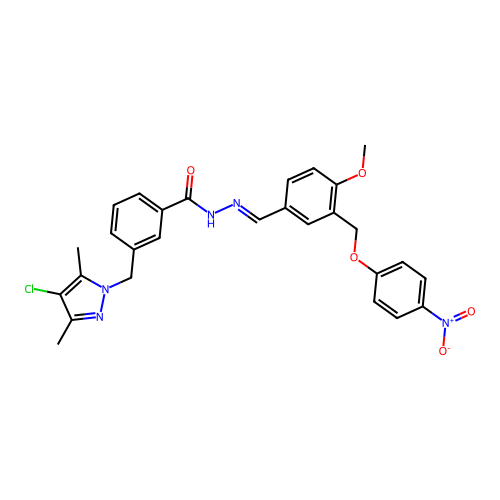(E)-3-((4-chloro-3,5-dimethyl-1H-pyrazol-1-yl)methyl)-N'-(4-methoxy-3-((4-nitrophenoxy)methyl)benzylidene)benzohydrazide structure