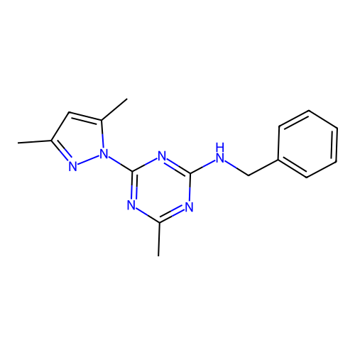 N-benzyl-4-(3,5-dimethyl-1H-pyrazol-1-yl)-6-methyl-1,3,5-triazin-2-amine structure