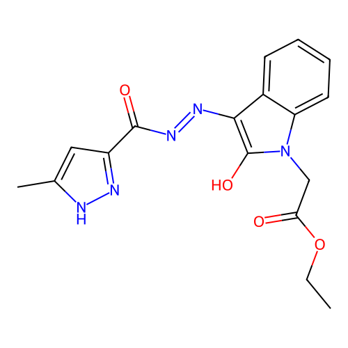 (Z)-ethyl 2-(3-(2-(5-methyl-1H-pyrazole-3-carbonyl)hydrazono)-2-oxoindolin-1-yl)acetate structure