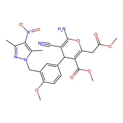 methyl 6-amino-5-cyano-4-{3-[(3,5-dimethyl-4-nitro-1H-pyrazol-1-yl)methyl]-4-methoxyphenyl}-2-(2-methoxy-2-oxoethyl)-4H-pyran-3-carboxylate structure