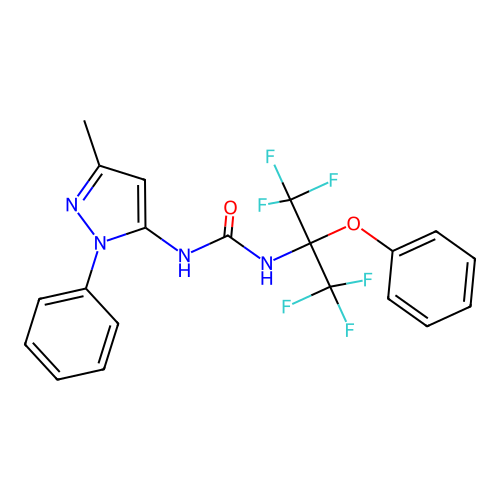 1-(1,1,1,3,3,3-hexafluoro-2-phenoxypropan-2-yl)-3-(3-methyl-1-phenyl-1H-pyrazol-5-yl)urea structure