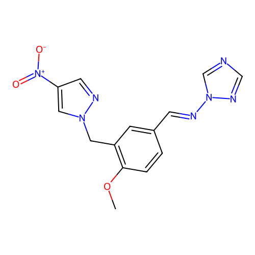 N-[(E)-{4-methoxy-3-[(4-nitro-1H-pyrazol-1-yl)methyl]phenyl}methylidene]-1H-1,2,4-triazol-1-amine structure