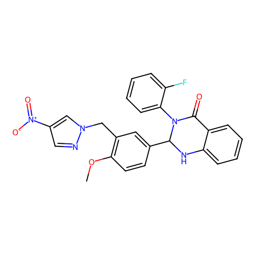 3-(2-fluorophenyl)-2-[4-methoxy-3-[(4-nitropyrazol-1-yl)methyl]phenyl]-1,2-dihydroquinazolin-4-one structure