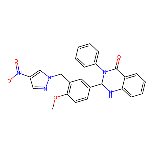 2-{4-methoxy-3-[(4-nitro-1H-pyrazol-1-yl)methyl]phenyl}-3-phenyl-2,3-dihydroquinazolin-4(1H)-one structure