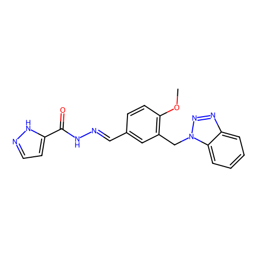 N-[[3-(benzotriazol-1-ylmethyl)-4-methoxyphenyl]methylideneamino]-1H-pyrazole-5-carboxamide structure